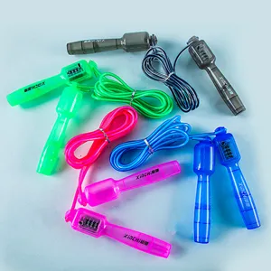 Detail view of colorful student counting jump ropes with transparent handles and length.
