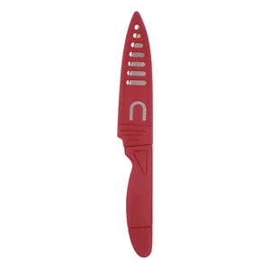 Couteau à fruit en acier inoxydable avec étui de protection rouge, détail portable.