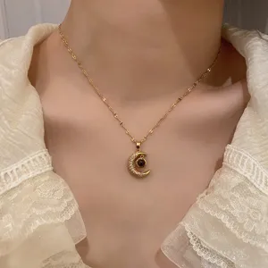 Gold crescent moon pendant clavicle necklace with sparkling cubic zirconia for women daily wear