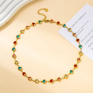 Modischer koreanischer Stil bunte Glas Strass Herz Edelstahl vergoldete Halskette Damen