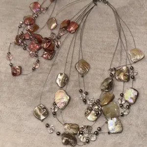 Multi-layer irregular shell crystal beaded necklace, European American vacation style fashion jewelry.