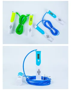Electronic counting steel wire jump rope with LCD display and anti-slip handles for fitness.