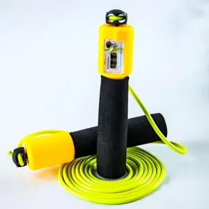 Fitness jump rope with mechanical counter and comfortable foam handle for sports training.