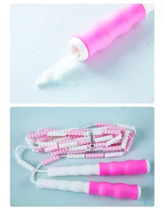 Children beaded jump rope with pink soft beads and anti-slip handles for school sports fitness.