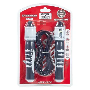 Adjustable counter jump rope for fitness training exams, black handles with mechanical counter.