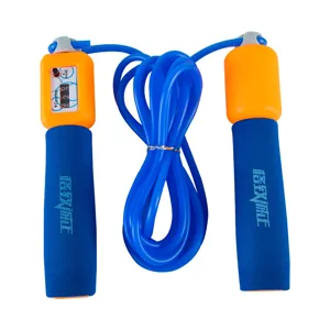 Cordino per saltare sportivo per studenti con contatore meccanico e manici in schiuma blu.