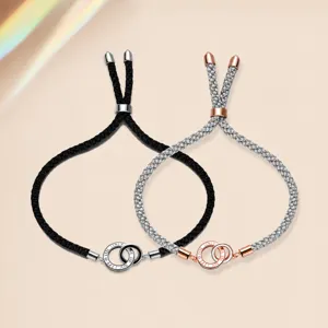 S925 Sterling Silver Interlocked Double Ring Handmade Braided Couple Bracelet Adjustable Hand Rope Jewelry Gift