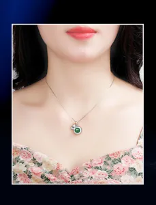 S925 sterling silver green jadeite lucky bag pendant necklace details and styling view.