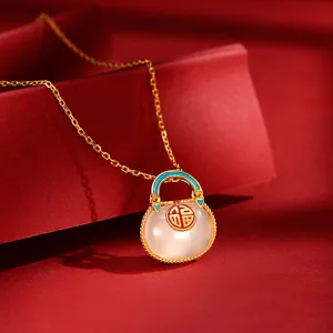 S925 sterling silver Hetian jade fortune bag necklace vintage enamel pendant jewelry