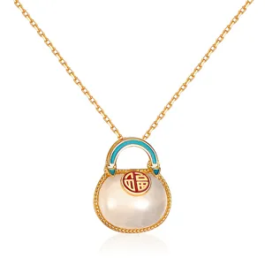 S925 silver Hetian jade fortune bag necklace vintage enamel pendant for women fashion