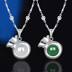 S925 Sterling Silver Lucky Bag Necklace featuring White and Green Agate Gemstone Pendants.