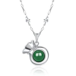 S925 Sterling Silver Vintage Agate Jade Lucky Bag Necklace Fashion Retro Jewelry