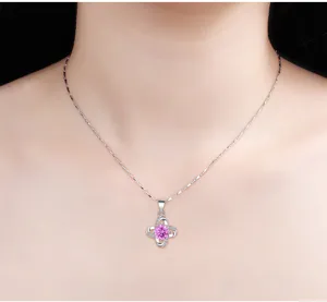 S925 sterling silver four leaf clover necklace with pink center stone elegant jewelry for women