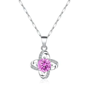 S925 sterling silver pink crystal four leaf clover necklace pendant for women fashion