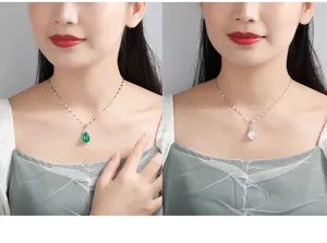 Detailaufnahme des exquisiten tropfenförmigen Edelstein-Anhängers mit feiner Silberfassung.