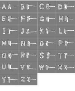 Detailansicht aller Buchstaben A-Z Stecker aus Sterlingsilber mit Zirkonia Mikro-Pavé.