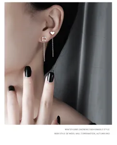 S999 Silber asymmetrische Herz quadratische Quaste Ohrringe Damen minimalistisch.
