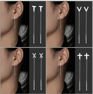 S999 Silber lange Quaste Ohrfäden mit Buchstaben und Kreuz Anhängern, elegantes minimalistisches Design.