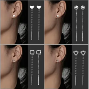 S999 Sterling Silber lange Quasten Ohrraeder mit verschiedenen minimalistischen Geometrie Motiven.