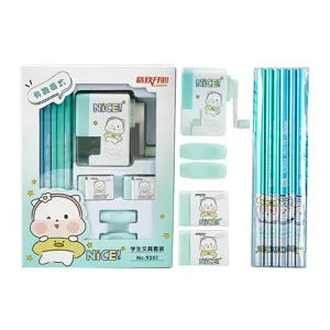 Set regalo di cancelleria scolastica per studenti con matite, temperamatite e gomme.