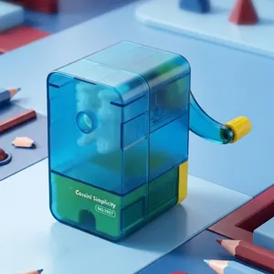 Handkurbel-Bleistiftspitzer mit transparentem blauen Gehäuse, kompaktes Büro-Briefpapier.