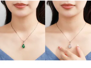 Detailansicht des edlen tropfenförmigen Achat Chalzedon Anhängers mit zarter Kette.