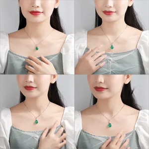 Grüne Achat Chalcedon Tropfen Anhänger Halskette S925 Sterlingsilber Eleganter Schmuck