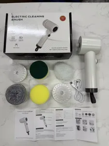 Cordless electric cleaning brush set with multiple replaceable heads and USB charging cable.