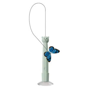 Electric suction cup cat teaser toy with spinning blue butterfly and cute bear handle design.