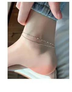 S925 sterling silver double layer anklet for women, beaded and faceted chain jewelry.
