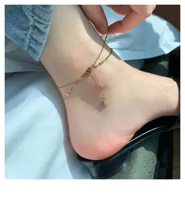Double layer metal anklet with extension chain, elegant minimalist foot jewelry for women