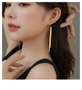 Gros plan detail des boucles d'oreilles longue pampille et chaine double en argent sterling.