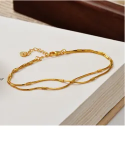 S925 sterling silver double layer snake bone bracelet, glittering gold tone jewelry for women.