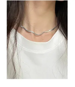 Detaillierte Nahaufnahme einer eleganten silbernen Flachschlangenkette am Hals getragen.
