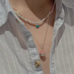 S925 Sterling Silver Retro Cake Ice Cream Pendant Necklace Double Layer Beaded Jewelry