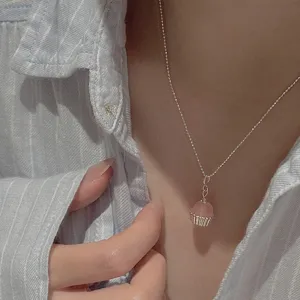 S925 Sterling Silver Cute Pink Cupcake Pendant Necklace Korean Style Dainty Jewelry For Women
