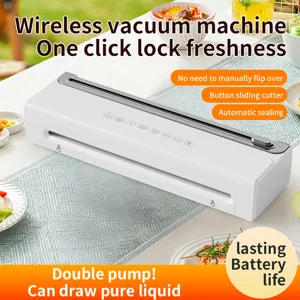 Draadloze vacumeermachine voor voedselpreservatie met ingebouwde batterij en handige snijder.