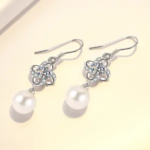 Pendientes colgantes trébol diamante perla plata S925 mujer joyería elegante y fina