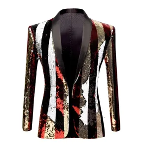 Herren Stilvolle Pailletten Anzugjacke Bunt Gestreift Revers Blazer Nachtclub DJ Sänger Party Oberbekleidung