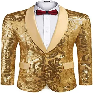 Men gold sequin blazer shawl lapel tuxedo jacket for stage performance party wedding clothes