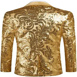Men's gold sequin suit jacket blazer back detail view for stage performance party wedding
