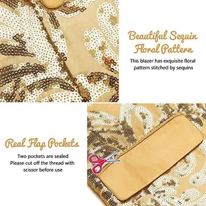 Close-up detail view of men's gold sequin floral pattern blazer and functional flap pocket design.
