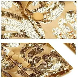 Gold sequin blazer detail close up showing button and embroidery pattern for party