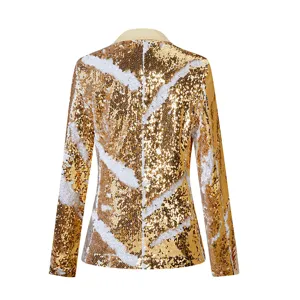 Mujer Oro Blanco Lentejuelas Blazer Manga Larga Brillante Chaqueta De Traje Top New