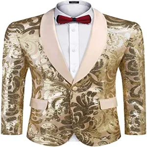 Men Gold Sequin Blazer Shawl Lapel Tuxedo Jacket Party Prom Stage Performance Suit