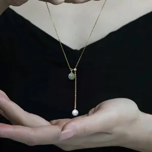 925 Sterling Silver Nephrite Jade Artificial Pearl Necklace For Women Elegant Gold White Gold Plated Y Shaped Double Bead Adjustable Clasp Dainty Jewelry Gift