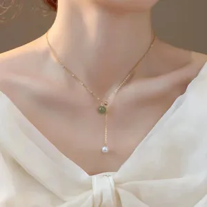 S925 sterling silver natural Hetian jade pearl necklace double pendant clavicle chain
