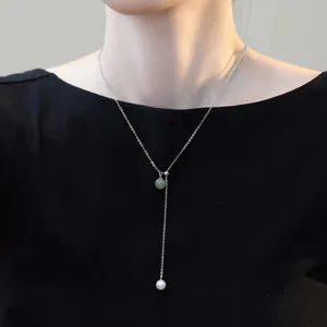 S925 sterling silver natural jade and pearl necklace, double bead adjustable Y chain for women.