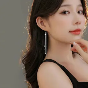 Boucles d'oreilles pampilles étoile argent sterling S925 femme, longue chaîne pendante.