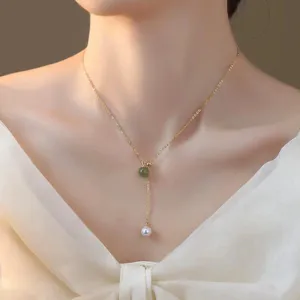 S925 Sterling Silver Natural Hetian Jade Pearl Necklace Elegant Double Bead Y-Chain Jewelry